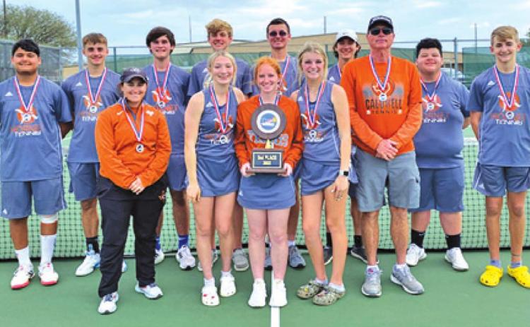 THE CALDWELL TENNIS TEAM placed second in the Texas Tennis Coaches Association regional tournament and qualified for the state tournament. Pictured from left, back, is Alejandro Zapata, Waylon Chapman, Connor Hughson, Breyden Athey, Gabe Pipes, Keith Ramon, Bryan Martinez, Dylan Chapman, front, Coach Mackenzie Kassner, Kori Archer, Hope Savage, Karly Fritsche and Coach Dusty Loewe. Not pictured is Tilly Hicks and Jordan Perkkio.