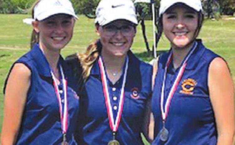 THE CALDWELL GIRLS golf team took the top three individual medalist spots at the district golf tournament. Pictured, from left, are Maegan Schneider (third), Hannah Blaha (first) and Priscilla Olivarez (second).