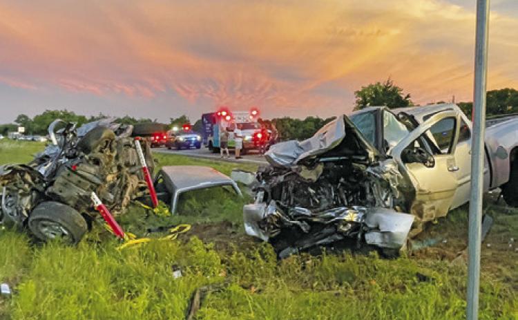 THE WRECKAGE FROM the double fatality accident on F.M. 908.