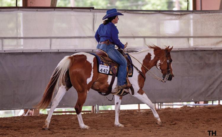 CALDWELL RESIDENT SABINE LAZO returned to the show pen after a spinal injury earlier this year, earning reserve high point in the Open Senior Horse division. Photo courtesy of Treylyn Hancock