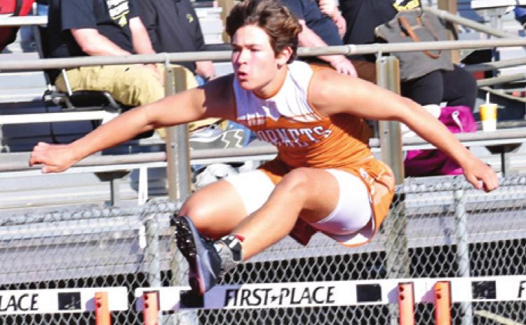 KEIFER ELLIS CLEARS this hurdle in the JV boys 110-meter hurdles at the Happy Skrabanek Relays. -- Tribune photo by Roy Sanders
