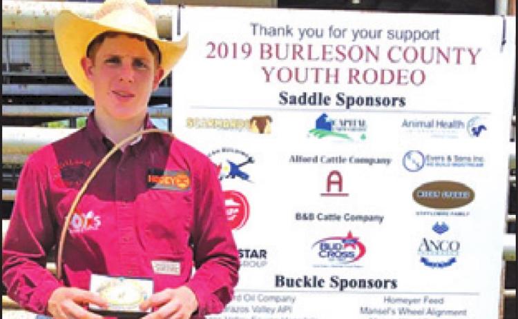 COLLIN FOX WON last year’s Burleson County Youth Rodeo junior Chute Dogging championship. The 2020 event is this weekend, July 24-25, at the Buddy &amp; Edile Lightsey Arena at the Burlson County Fairgrounds.