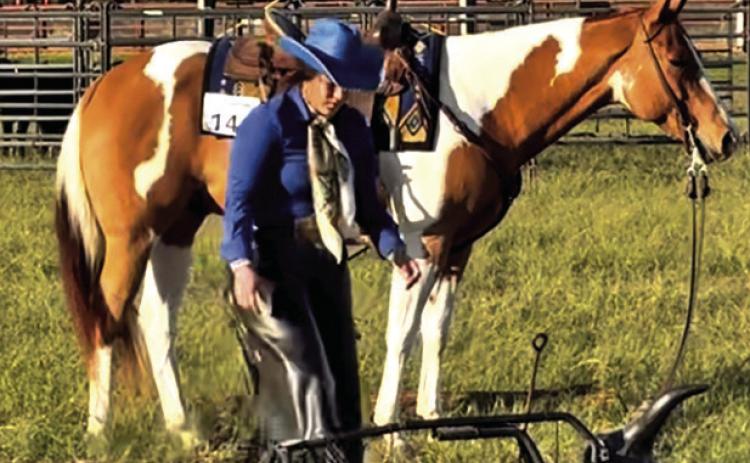 SABINE LAZO AND HER PAINT HORSE, Heza Hugable Jet, in the ground tie portion of their winning Open Ranch Trail run. Tribune photo by Sabine Lazo