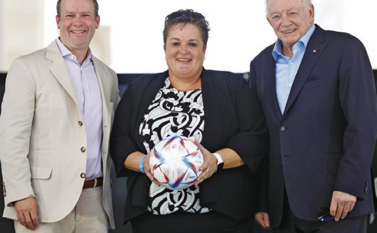 CALDWELL NATIVE MONICA PAUL (center) was instrumental in bringing the FIFA World Cup 2026 to the Dallas area. Paul is pictured with FC Dallas president Dan Hunt (left) and Dallas Cowboys owner Jerry Jones (right). Paul is the current Executive Director for the Dallas Sports Commission.