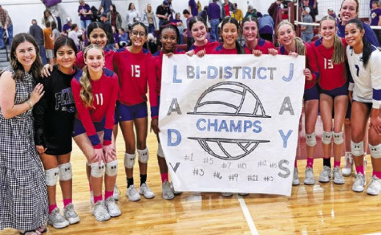 THE LADY JAYS BEAT HOLLAND last Thursday 18-25, 26-24, 25-21, 25-15 in bi-district to advance to the area round. In the area match in Fayetteville on Monday, Snook fell to Schulenburg 12-25, 11-25, 8-25.