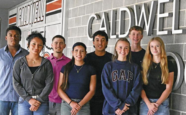 CALDWELL HIGH SCHOOL recently announced its homecoming royalty. Pictured, from left, front, are queen hopefuls, Angie Lobo, Jasmine Rodriguez, Lucy Ferguson and Ireland Morgan, and king hopefuls, Michael Butler, Grant Leubner, Matthew Revilla and Kyson Strange. Tribune photo by Denise Squier