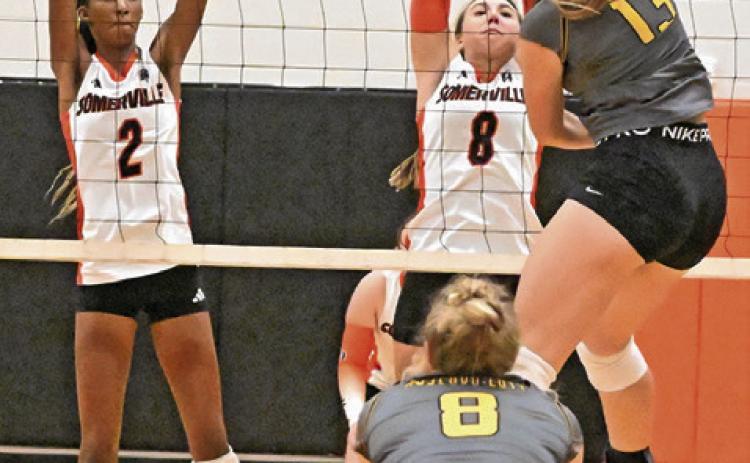 SOMERVILLE’S KARYS ELLIS and Abigail Richardson stretch to attempt to block the hit from a Rosebud-Lott player on Friday during the Lady Yeguas’ win over the Lady Cougars. Tribune photo by Denise Squier