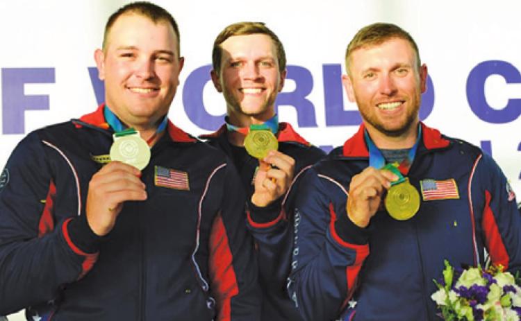 CALDWELL’S PHILLIP JUNGMAN (left) and his USA teammates, Adam “Colt” McBee and Vincent Hancock, won the gold medal in Men’s Skeet Team at the recent ISSF World Cup in Baku, Azerbaijan.