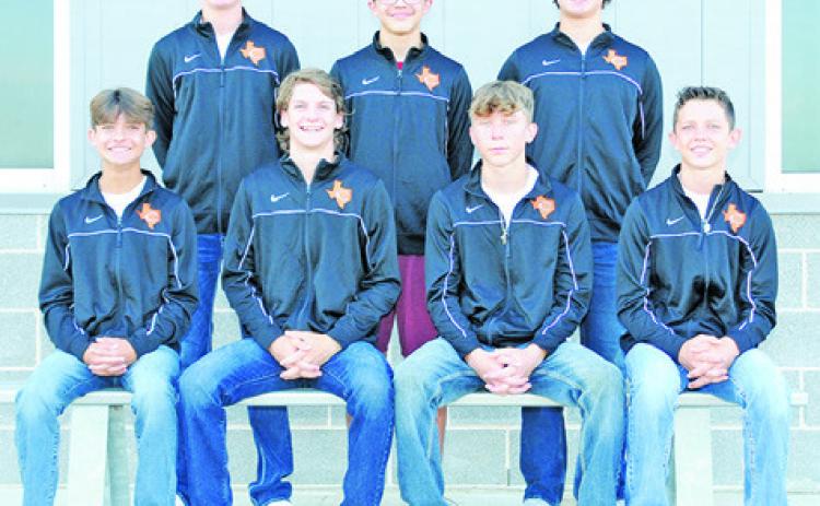 THE 2022 CALDWELL HORNET CROSS country team is, from left, sitting, Spencer Ellis, Daniel Bardin, Travis Cunningham, Rowdy Smith, standing, Colby Maresh, Jack McClosky and Cooper Ellis. Not pictured are Nathan Scott, Will McDonald and Chris Marshall. -- Photo courtesy of Dianne Pursch Photography