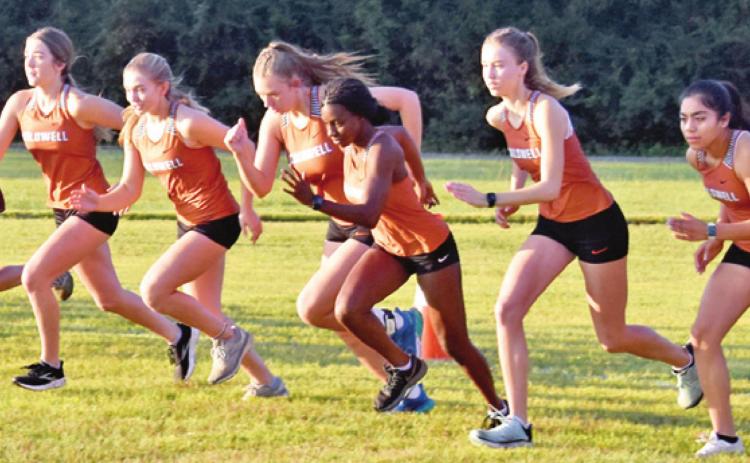 THE CALDWELL GIRLS CROSS country team leaves the starting line to run Saturday at the Caldwell Invitational XC Meet at Davidson Creek Park. The girls won the team title.