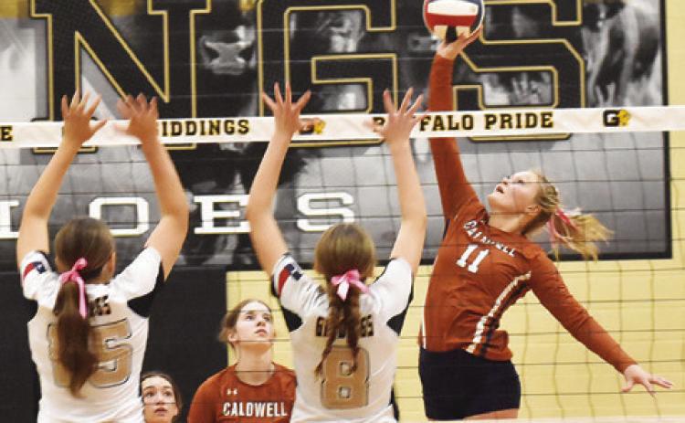 CALDWELL’S REESE MCMANUS hits the ball over Giddings’ blockers, Caedon Melcher and Aliza Rodriguez, during the Caldwell-Giddings district match last Friday night. Tribune photo by Roy Sanders