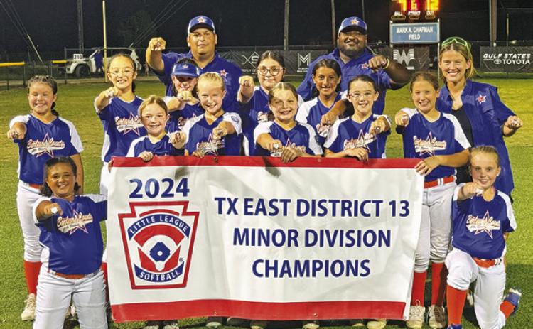 THE BURLESON COUNTY LITTLE LEAGUE MINOR Softball Team won the Texas East District 13 title last week in Sealy and qualified for Sectionals, beginning July 5 in Elgin. The team includes Avery Balboa, Bailey Barnes, Paisley Brack, Makayla Collins, Jesenia Herrera, Macee Lewis, Karlee Praesel, Zoey Gausin, Braely Polasek, Carly Sheppard, Olivia Zamora and Caegan Kouatli. The team is coached by Adrian Sheppard, Haley Balboa and Flo Ortega.