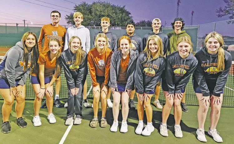 THE CALDWELL TENNIS TEAM recently participated in a warm-up match against Bellville. Those playing were, (back) Gabe Pipes, Breyden Athey, Dylan Chapman, Alejandro Zapata, Waylon Chapman, Keith Ramon, (front) Miranda Polasek, Kylie Vogler, Tilly Hicks,Karly Fritsche, Hope Savage, McKenzie Horan, Jordan Perkkio and Hannarae Clark. Not pictured is Connor Hughson.