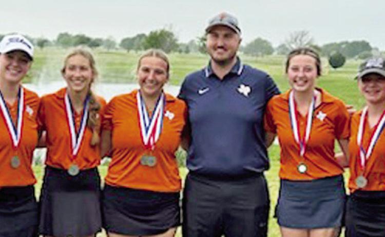 THE CALDWELL GIRLS golf team includes, from left, Patsy Pineda, Alison Krueger, Madilyn Schneider, Tanzley Johnson, Coach Jacob Schaefer, Raeleigh Ussery, Brandy Gillar and Kierstyn Macik.