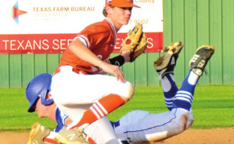 CALDWELL’S RYAN SHUPAK tags this Lampasas runner at second base. The Hornets lost 7-1 on March 10 but later won the Franklin Tourament. -- Tribune photo by Roy Sanders