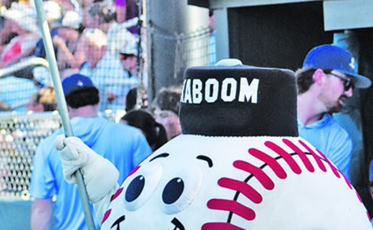THE BRAZOS VALLEY Bombers and their mascot Kaboom exploded onto Hornet Field last Wednesday, July 1, for a pop-up game against the Lake Charles Gumbeaux Gators. Tribune photo by Roy Sanders