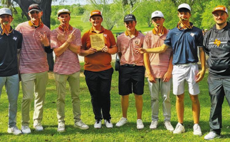 CALDWELL BOYS GOLF team members include, from left, Caden Schluens, Harrison Novak, Nathan Scott, Logan Barnes, Kaden Fritsche, Cobey McCuller, Grant McManus and Coach Jacob Schaefer.