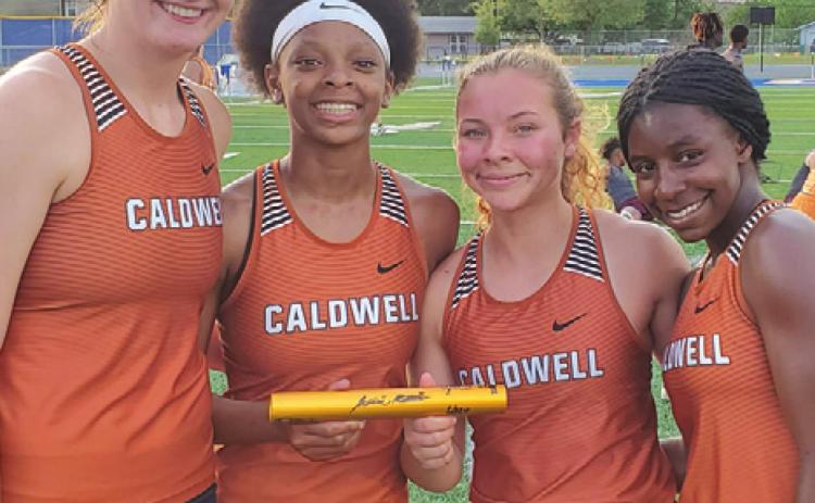 THE CALDWELL GIRLS’ 4x200-meter relay team won first at the District 19-3A Meet with a time of 1:51.160. The team also qualified for the area meet this week in Crockett. Pictured are Elizabeth See, Ja’Asia Mathis, Gracee Stifflemire and Daisha Denson.