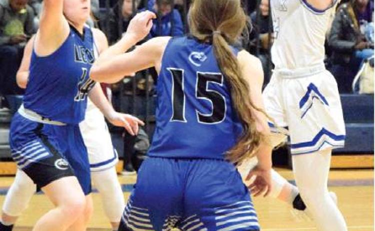 SNOOK’S JAYCIE BRISCO SHOOTS during the Lady Jays’ first tournament game against Leon on Thursday. Brisco scored a game-high 20 points, and Snook won 37-22. -- Tribune photo by Denise Hornaday