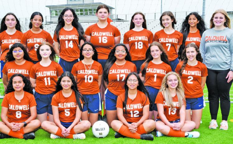 THE 2023 CALDWELL HIGH SCHOOL LADY HORNET SOCCER TEAM is, from left, front, Poala Rodriguez, Cady Aguilera, Cassandra Cazares, Gracelynn See, middle, Matilda Bautista, Emily Kubicek- West, Marissa Yanez, Ashley Rivera, Faith Vann, Adriana Stegall, back, Macelynn Smith, Mercy Chollett, Sarah Segovia, Jillyian Marco, Cadie Coston, Abilene Chism, Heer Patel and Coach Cayla Golson. -- Photo courtesy of Dianne Pursch Photography