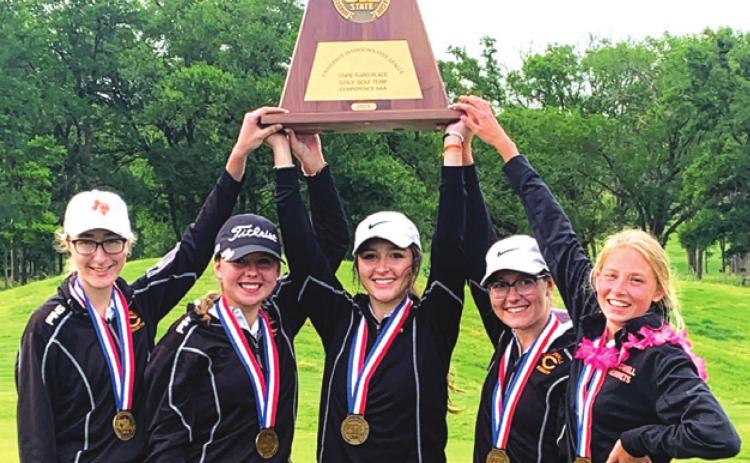 THE LADY HORNET GOLF TEAM FINISHED third in the state in Class 3A at the UIL Girls State Golf Tournament last week at ShadowGlen Golf Club in Manor. Pictured, from left, are Alexis Zalobny, Rachel Novosad, Priscilla Olivarez, Hannah Blaha and Maegan Schneider.
