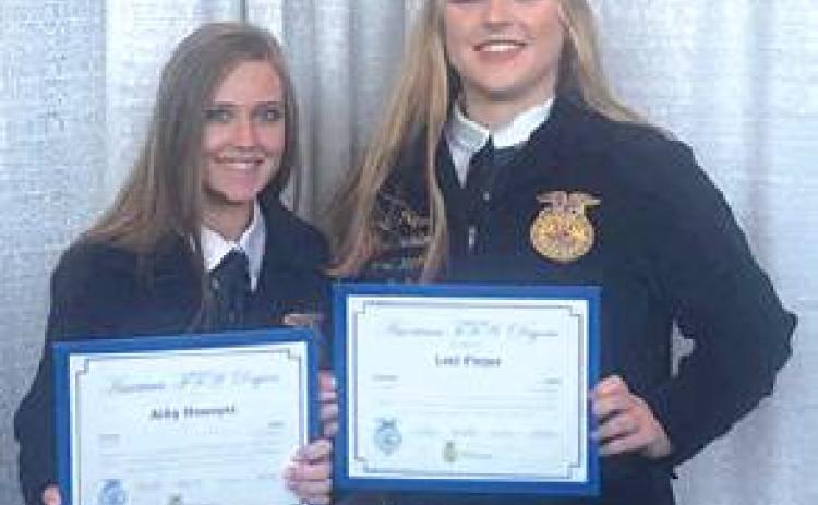 CALDWELL FFA MEMBERS, Abby Homeyer and Lani Pieper, received their American FFA Degrees at this year’s National FFA Convention in Indianapolis, Ind.. This degree is the highest degree given by FFA.