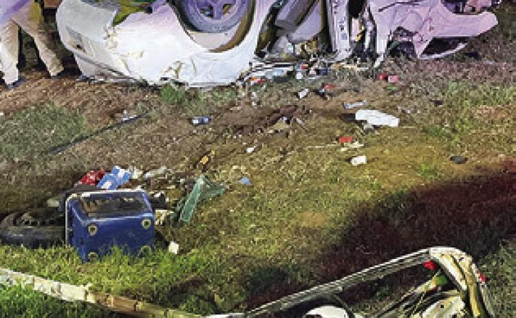THE WRECKAGE of this car is shown after a rollover accident on F.M. 975. See story inside.