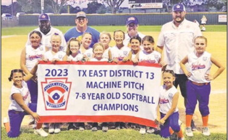 BC Machine Pitch 7-8 Year Old Softball All-Stars THE BURLESON COUNTY 7-8 year old machine pitch softball All-Stars won the Texas East District 13 tournament championship. The team includes Carly Sheppard #1, Braely Polasek #6, Karlee Praesel #3, Avery Balboa #9, Blakely Kemper #13, Bailey Barnes #00, Cambree Johnson #23, Kinzleigh Ortega #99, Jesenia Herrera #40, Marley Kocurek #14, Sheyanne Simons #8, and Olivia Zamora #75. They are coached by Robert Polasek, Adrian Sheppard, Jana Johnson, and Flo Ortega.