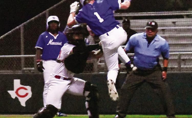 JAKE HIBBELER OF Caldwell tags this Navasota player at home plate. The Hornets lost their district opener 5-2. Tribune photo by Roy Sanders