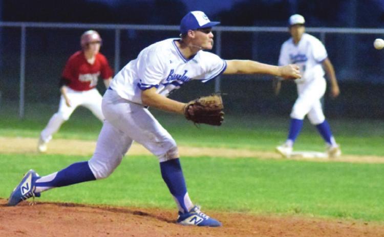 SNOOK’S DAVID TOLER PITCHES against Richards. -- Tribune photo by Denise Squier
