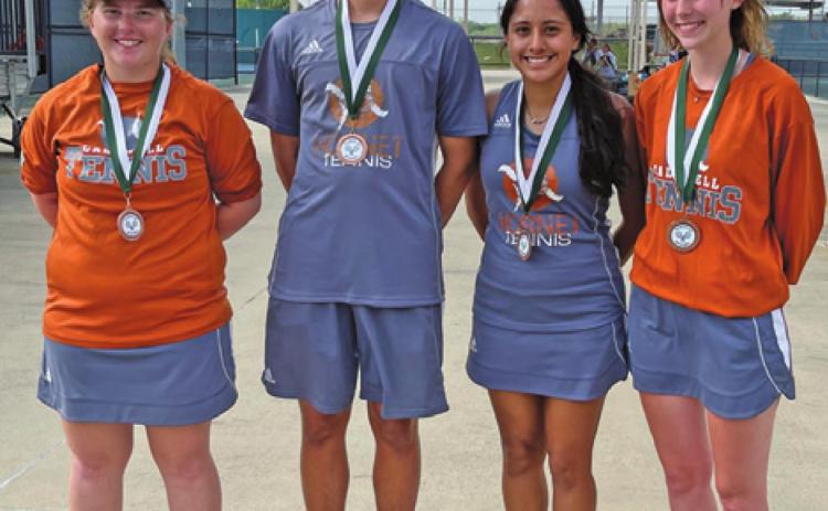 CALDWELL TENNIS doubles’ teams each earned bronze medals at the Franklin Varsity Tennis Tournament last week. Neva Cravens and Waylon Chapman placed third in mixed doubles, and Aletza Torres and Autom Chaplin placed third in girls’ doubles.
