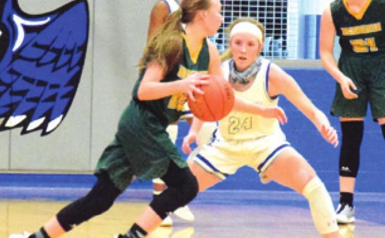 SNOOK’S JAYCIE BRISCO KEEPS pace with Academy point guard Aislinn Chaffin during the Lady Jays’ 43-24 win over Little River-Academy last Tuesday afternoon. -- Tribune photo by Denise Hornaday