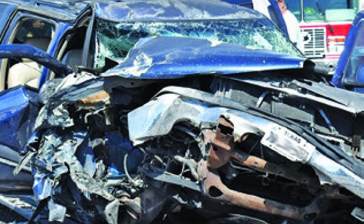 THIS VEHICLE WAS damaged on Friday afternoon, Sept. 25, in a major accident on State Highway 21 West near Caldwell. No information on the accident was available at press time. Tribune photo by Roy Sanders