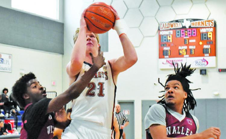 HARRISON NOVAK SHOOTS against Waller JV. The Hornets won 55-48 at the Kolache Capital Tournament. -- Tribune photo by Roy Sanders