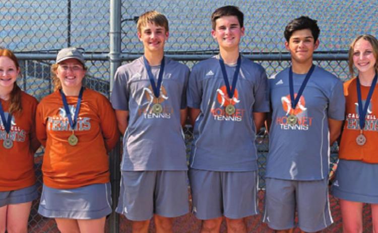 SEVERAL CALDWELL TENNIS players earned medals at the Mustang Invitational Varsity Tennis Tournament last week. Madeline Horan and Hope Savage placed second in girls doubles. Neva Cravens and Waylon Chapman won the mixed doubles title. Connor Hughson and Isaac Salazar won the boys doubles title, and Autom Chaplin and Aletza Torres won the girls doubles consolation title.