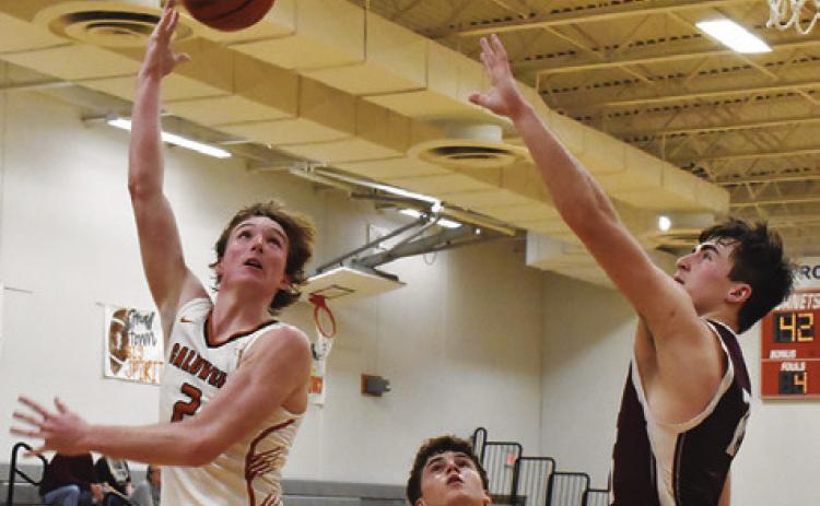 RYAN SEE ARCHES for this shot against Troy last Friday. The Hornets lost 61-42 and fell to 10-11 for the year. Tribune photo by Roy Sanders